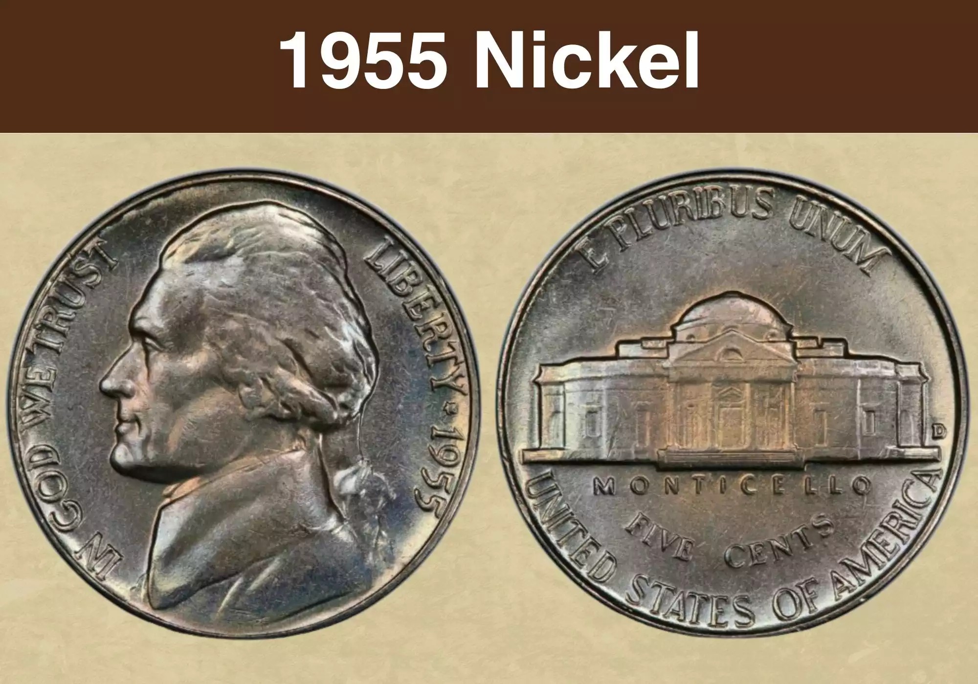 1955 Jefferson nickel obverse and reverse showing Jefferson portrait and Monticello steps