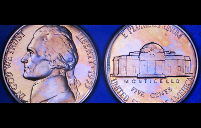 Side-by-side comparison of 1955 nickel without Full Steps vs with Full Steps designation showing Monticello staircase detail