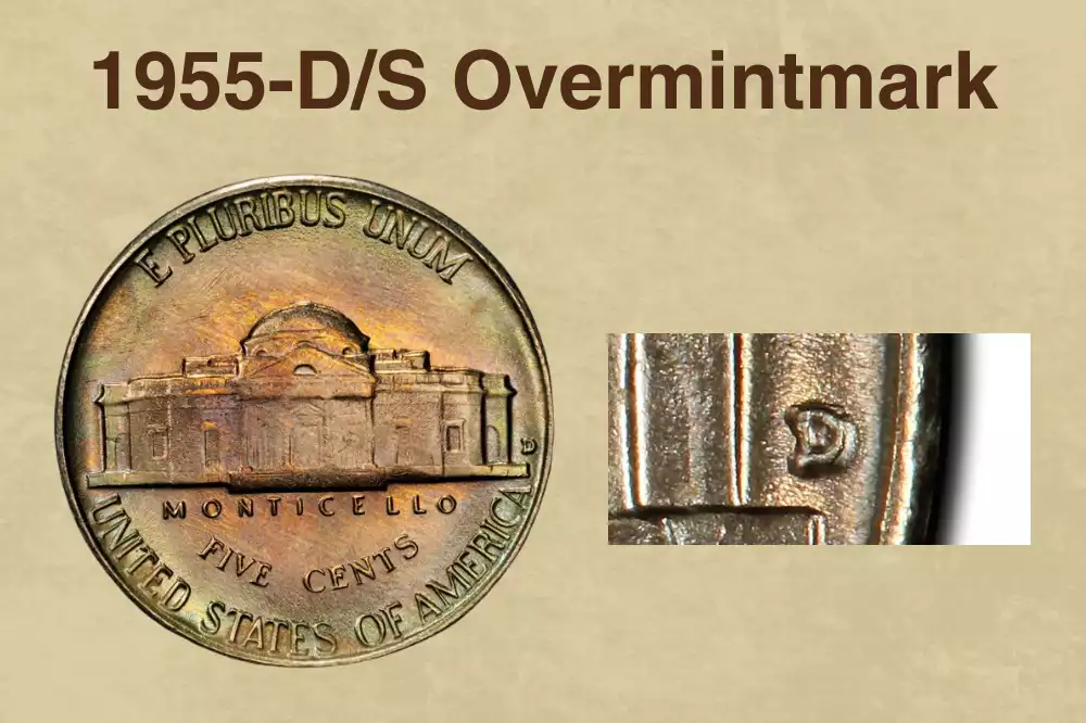 1955-D/S Jefferson nickel overmintmark close-up showing S mintmark visible beneath D mintmark