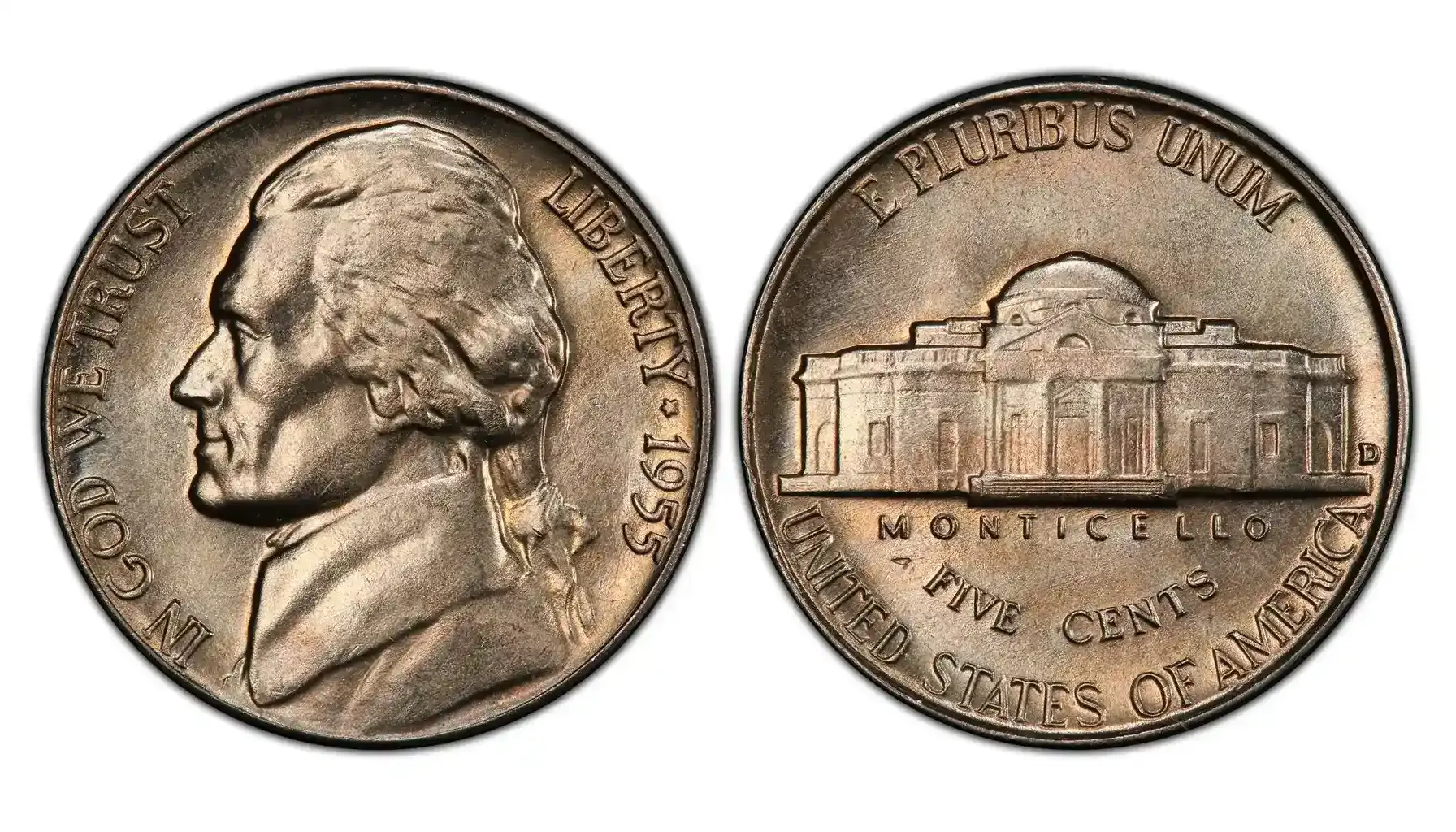 1955 Philadelphia nickel MS65 Full Steps close-up of Monticello reverse showing five separated step lines