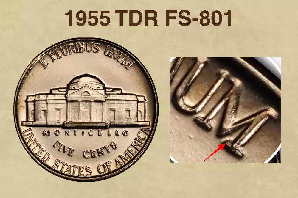 1955 proof nickel Tripled Die Reverse FS-801 showing three distinct impressions on reverse lettering