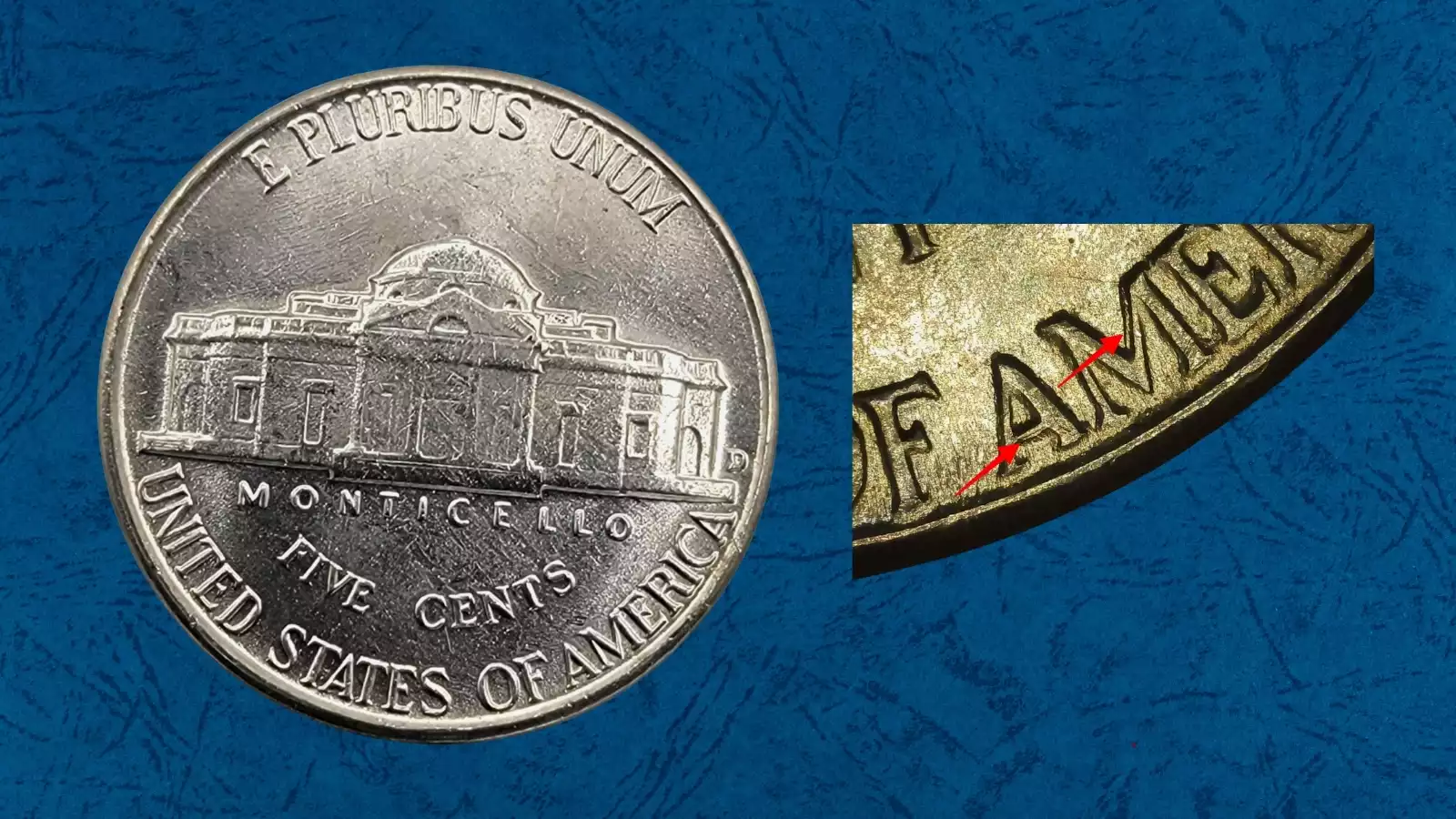 1955 Jefferson nickel Doubled Die Obverse close-up showing doubling on date and LIBERTY lettering