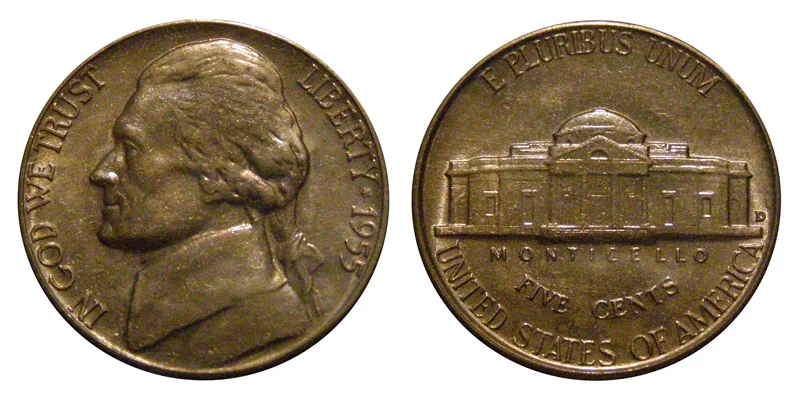 Grading strip showing four 1955 Jefferson nickels in Good, Very Fine, Uncirculated, and Gem Mint State condition